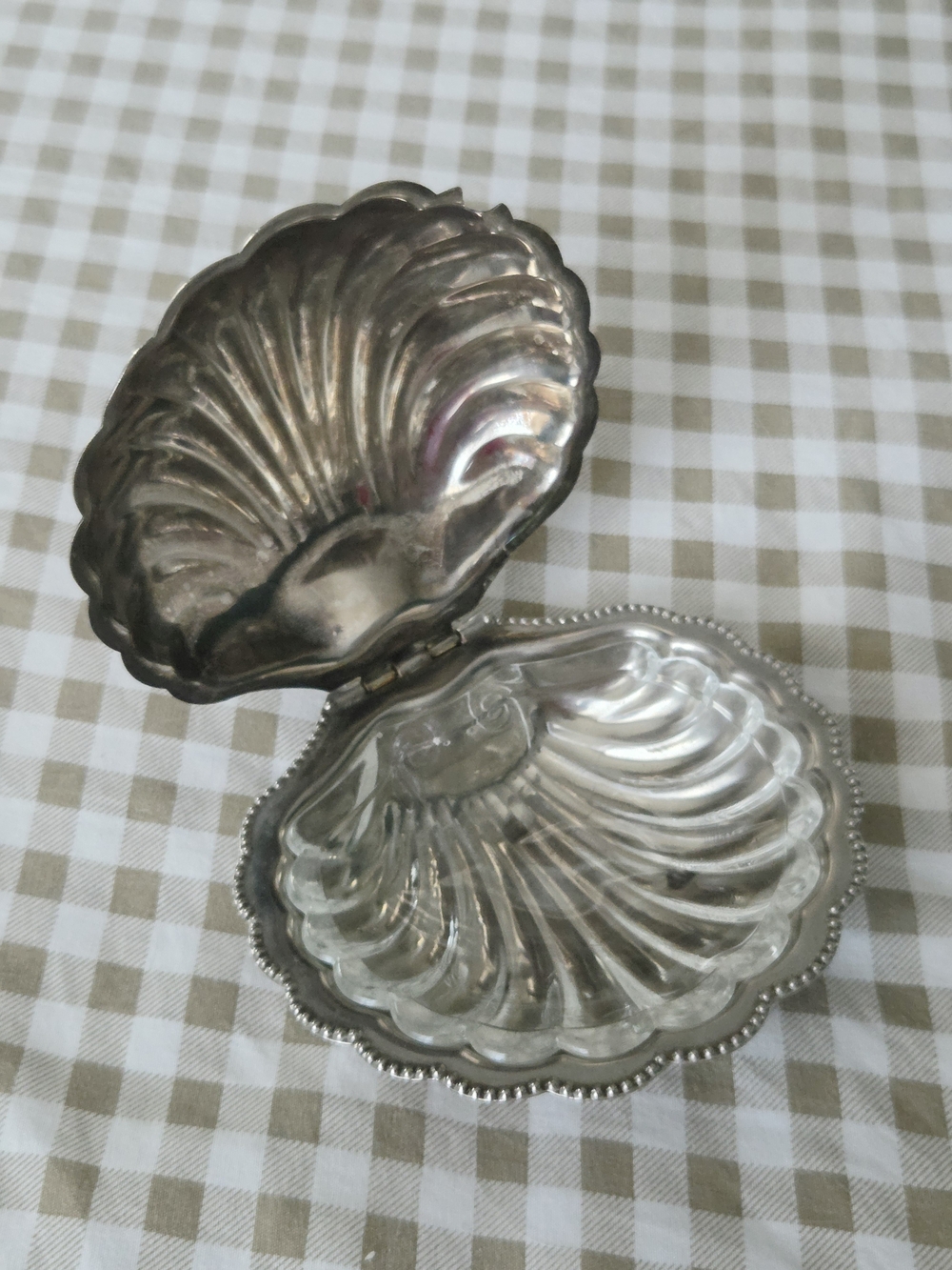 Vintage Silver-Plated Scallop Shell & Glass Dish For Butter Or Serving Caviar